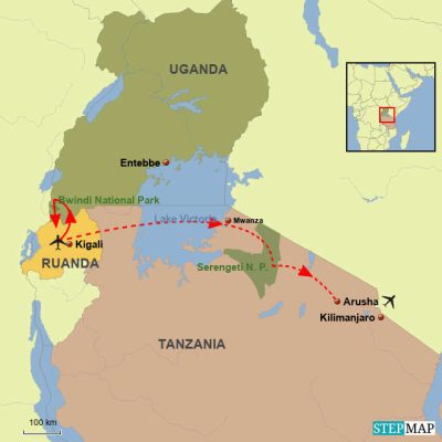 Gorillas in Uganda & Big 5 Safari in der Serengeti *Neu* Routemap