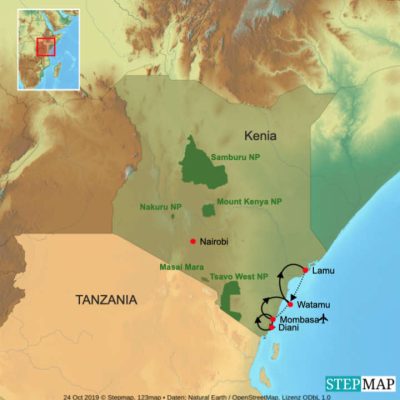 Kenia Beach Safari – entdecken Sie Kenias Küste von Süden bis Norden *Neu* Routemap